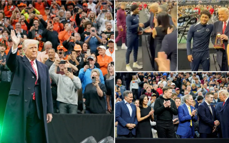 Trump meets college wrestling champs alongside star-studded entourage as crowd goes wild