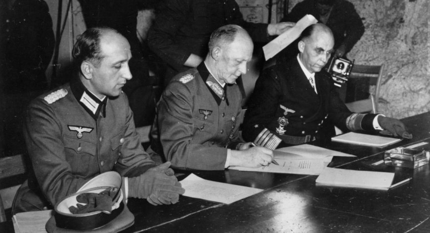 German surrender finalized in Reims, ending war in Europe